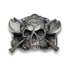 Pirate-themed skull with crossed axes on a white background