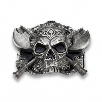Pirate-themed skull with crossed axes on a white background