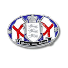 English 3 lions emblem with red, blue, and silver colours on a white background belt buckle