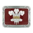 Welsh Belt Buckle with prince of wales feathers on a red background