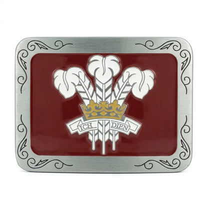 Welsh Belt Buckle with prince of wales feathers on a red background