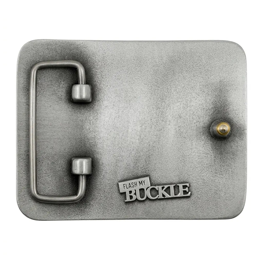 Reverse of Welsh Belt buckle with 'Flash My Buckle' text.
