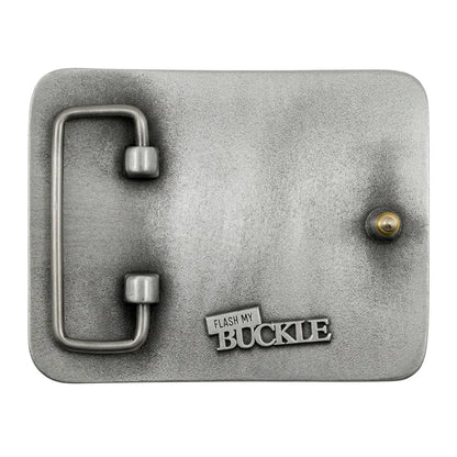 Reverse of Welsh Belt buckle with 'Flash My Buckle' text.