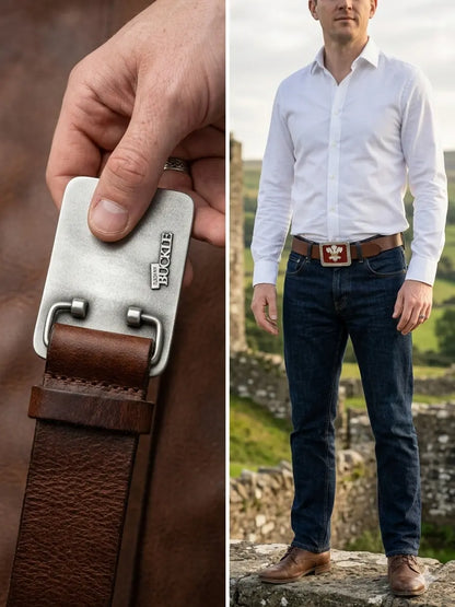 Reverse of a man holding the welsh belt buckle on a brown belt and image of man wearing welsh belt buckle standing on a wall.