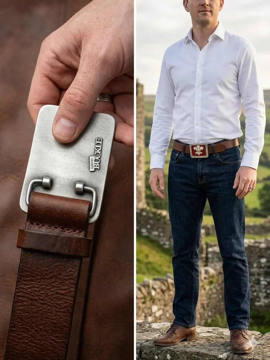 Reverse of a man holding the welsh belt buckle on a brown belt and image of man wearing welsh belt buckle standing on a wall.