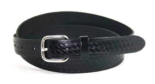 25mm Black leather belt with a silver buckle on a white background