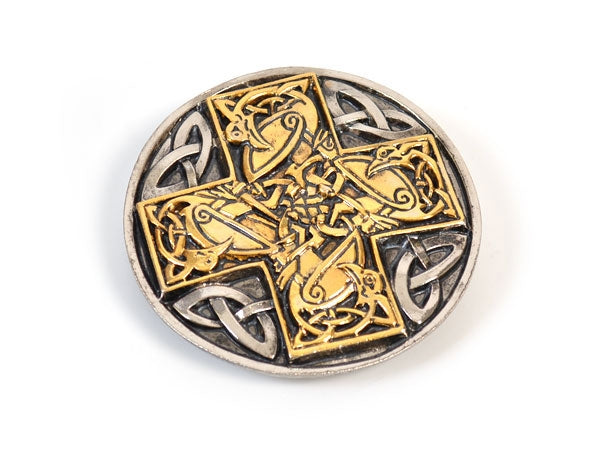 Close-up at an angle of a celtic cross buckle.