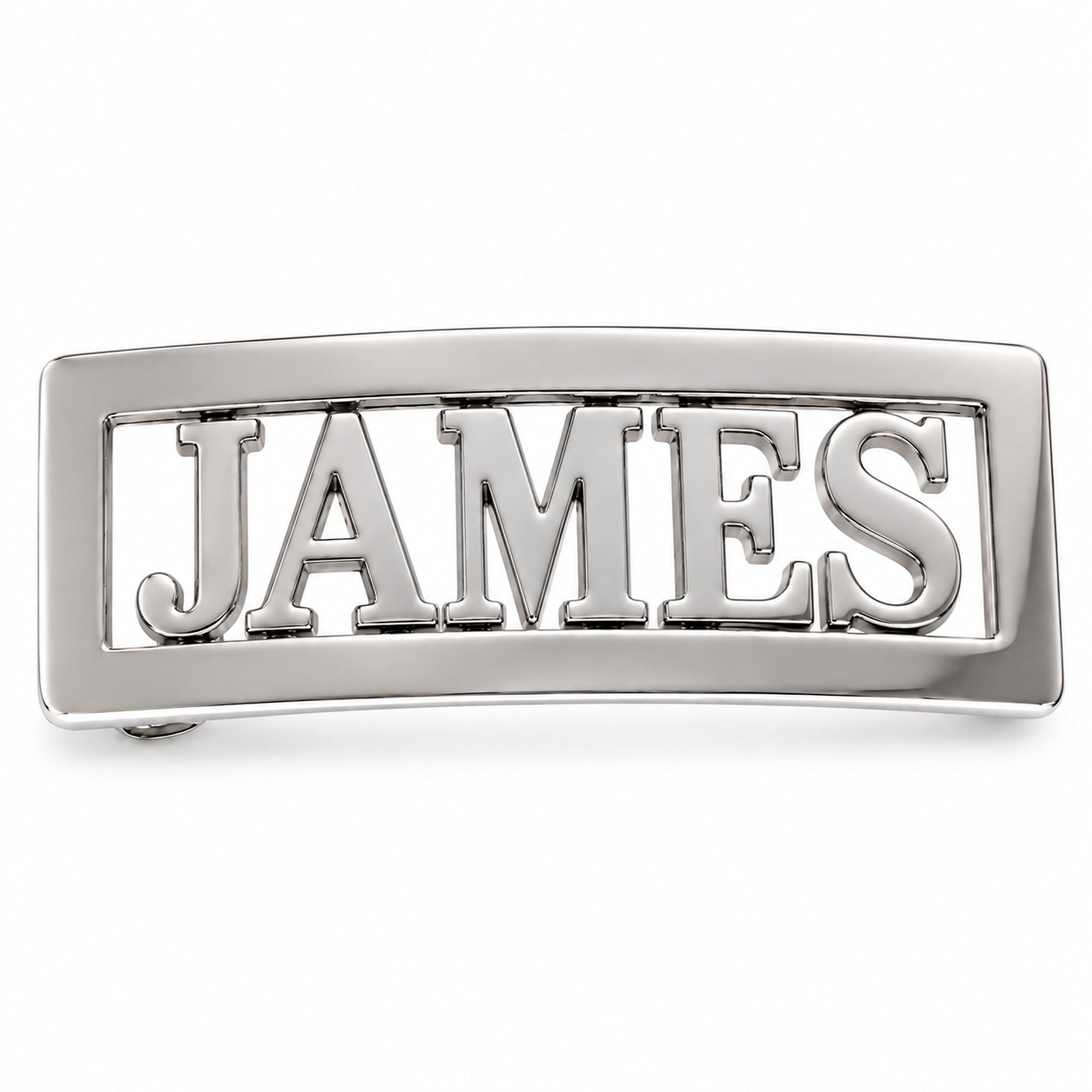 Personalised JAMES name belt buckle in polished chrome lettering