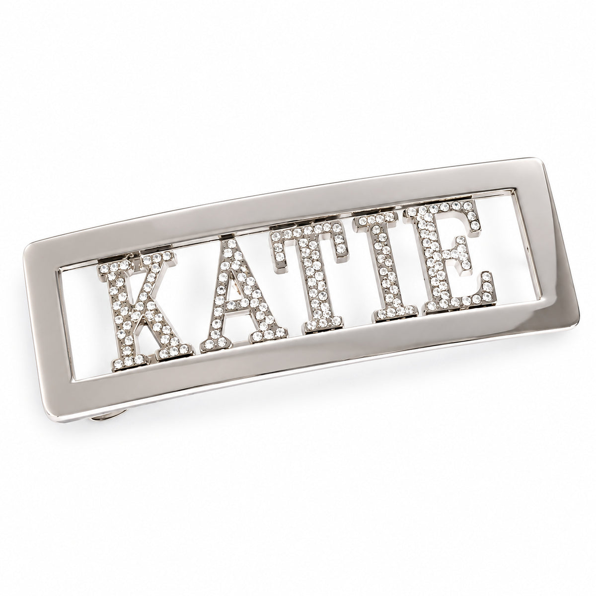 Angled view of personalised KATIE diamanté name belt buckle