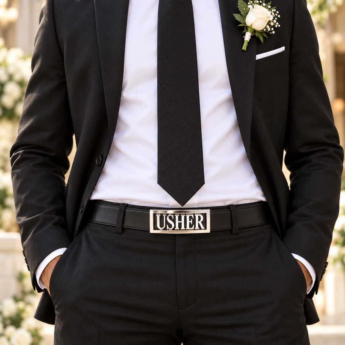 Close-up of personalised USHER belt buckle worn with a black wedding suit on a 38mm leather belt