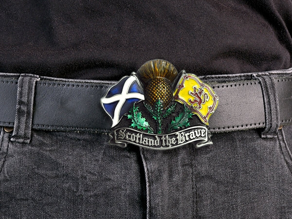 Scotland the Brave Thistle & Flags Belt Buckle