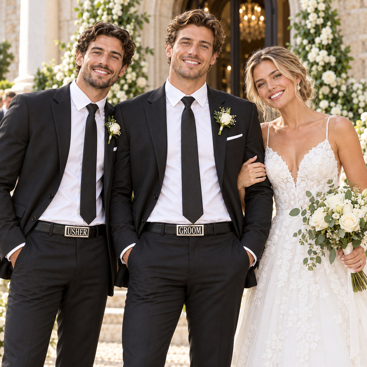 Groom wearing a GROOM belt buckle beside a wedding usher wearing a personalised USHER belt buckle and the bride