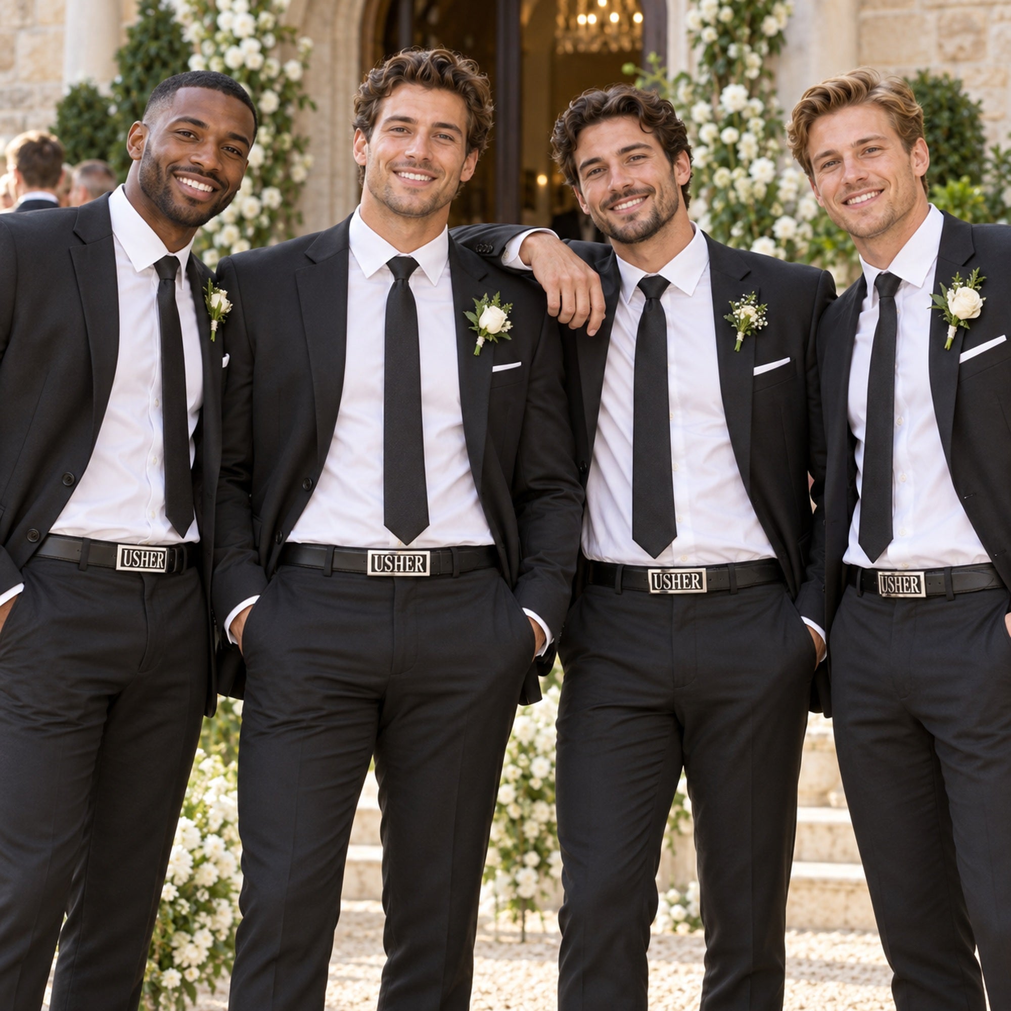 Wedding ushers wearing personalised USHER belt buckles with black suits and leather belts