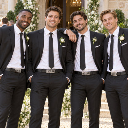 Wedding ushers wearing personalised USHER belt buckles with black suits and leather belts