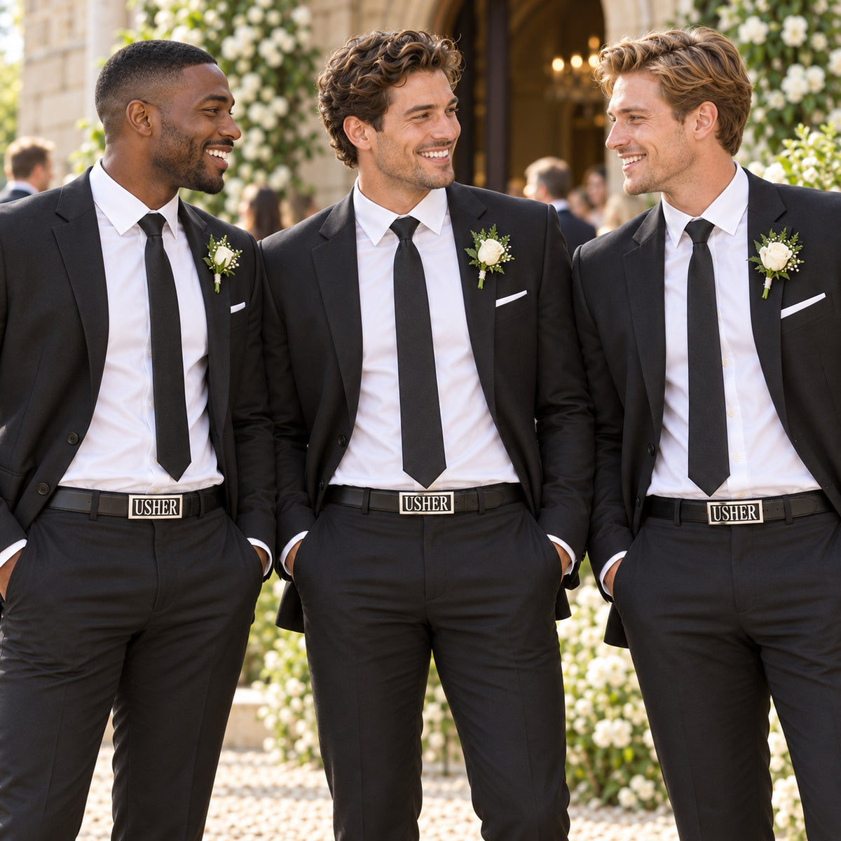 Three wedding ushers wearing matching USHER belt buckles on black interchangeable leather belts