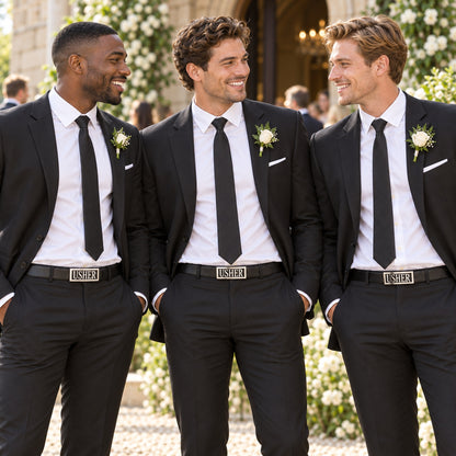 Three wedding ushers wearing matching USHER belt buckles on black interchangeable leather belts