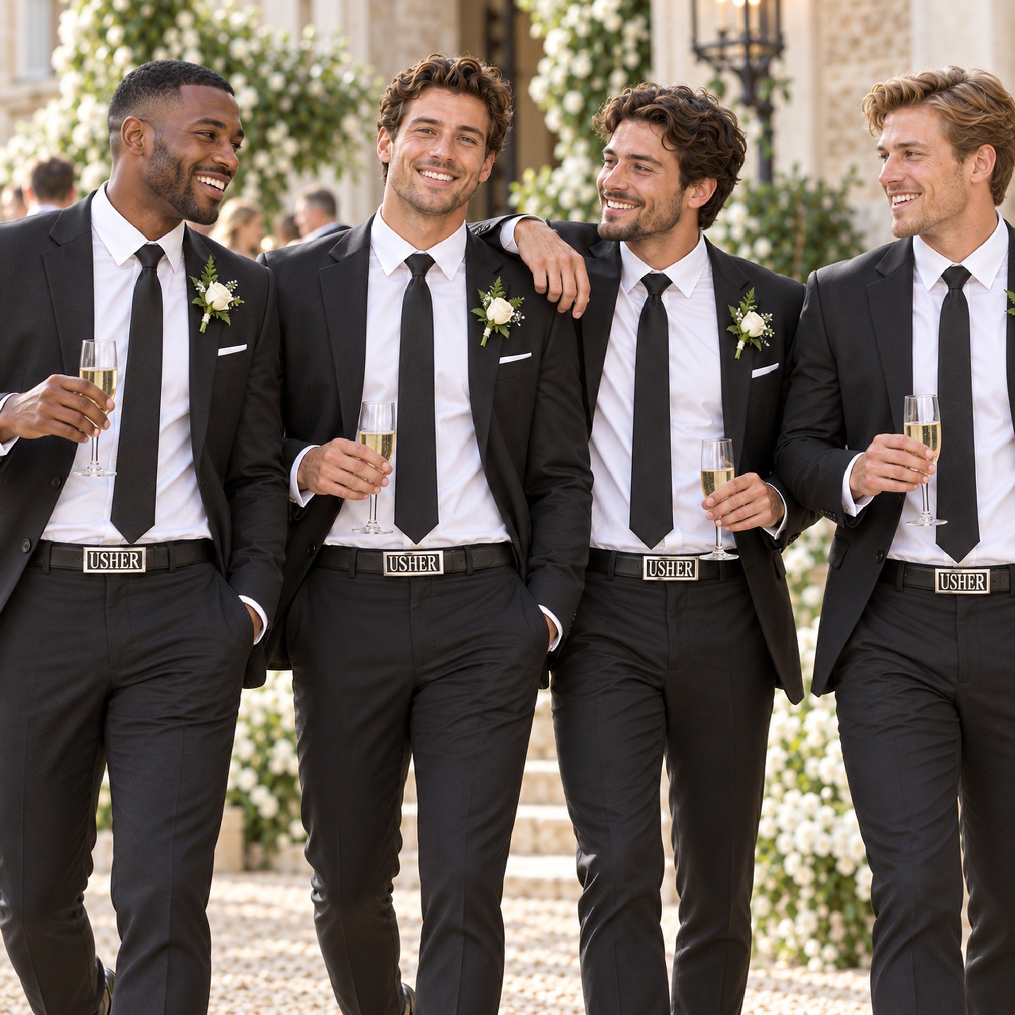 Wedding party ushers wearing matching personalised USHER belt buckles at a formal wedding